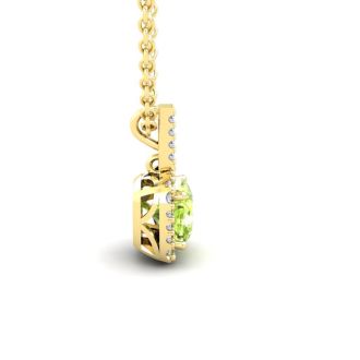 1 1/4 Carat Cushion Cut Peridot and Halo Diamond Necklace In 14 Karat Yellow Gold, 18 Inches
