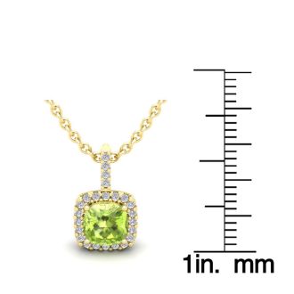 1 1/4 Carat Cushion Cut Peridot and Halo Diamond Necklace In 14 Karat Yellow Gold, 18 Inches