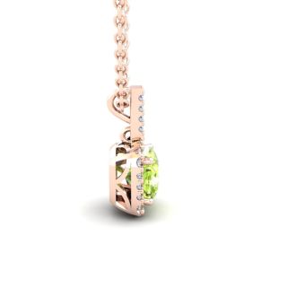 1 1/4 Carat Cushion Cut Peridot and Halo Diamond Necklace In 14 Karat Rose Gold, 18 Inches