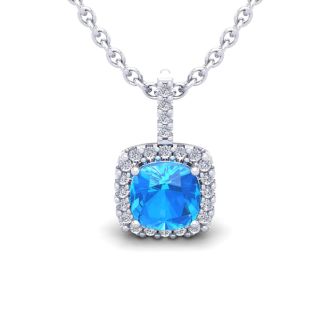 1 1/4 Carat Cushion Cut Blue Topaz and Halo Diamond Necklace In 14 Karat White Gold, 18 Inches