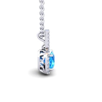 1 1/4 Carat Cushion Cut Blue Topaz and Halo Diamond Necklace In 14 Karat White Gold, 18 Inches