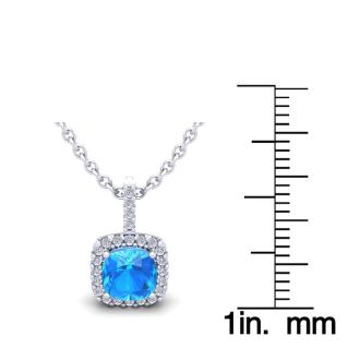 1 1/4 Carat Cushion Cut Blue Topaz and Halo Diamond Necklace In 14 Karat White Gold, 18 Inches