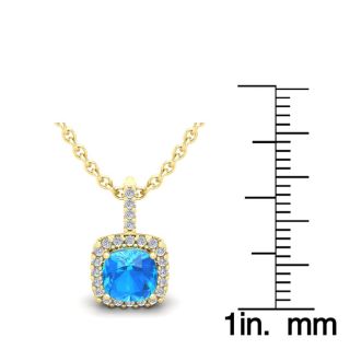 1 1/4 Carat Cushion Cut Blue Topaz and Halo Diamond Necklace In 14 Karat Yellow Gold, 18 Inches