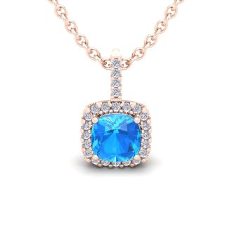 1 1/4 Carat Cushion Cut Blue Topaz and Halo Diamond Necklace In 14 Karat Rose Gold, 18 Inches