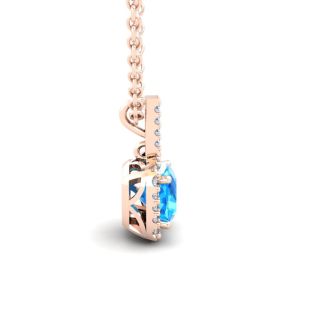 1 1/4 Carat Cushion Cut Blue Topaz and Halo Diamond Necklace In 14 Karat Rose Gold, 18 Inches