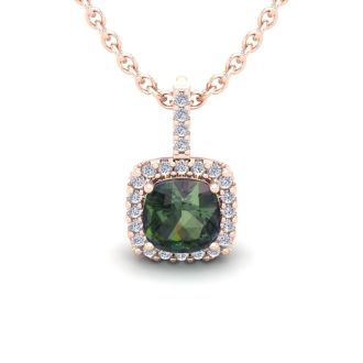 1-1/3 Carat Cushion Shape Mystic Topaz Necklace With Diamond Halo In 14 Karat Rose Gold, 18 Inches