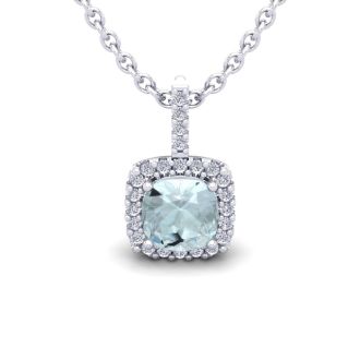 Aquamarine Necklace: Aquamarine Jewelry: 1 Carat Cushion Cut Aquamarine and Halo Diamond Necklace In 14 Karat White Gold, 18 Inches
