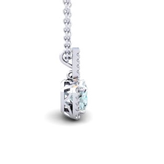 Aquamarine Necklace: Aquamarine Jewelry: 1 Carat Cushion Cut Aquamarine and Halo Diamond Necklace In 14 Karat White Gold, 18 Inches
