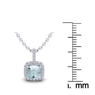 Aquamarine Necklace: Aquamarine Jewelry: 1 Carat Cushion Cut Aquamarine and Halo Diamond Necklace In 14 Karat White Gold, 18 Inches
