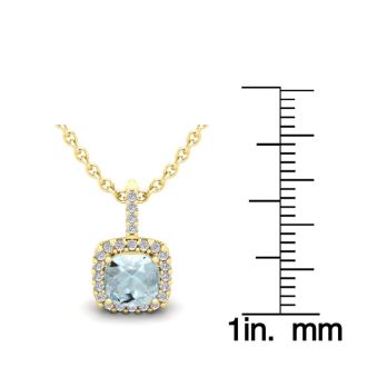 Aquamarine Necklace: Aquamarine Jewelry: 1 Carat Cushion Cut Aquamarine and Halo Diamond Necklace In 14 Karat Yellow Gold, 18 Inches