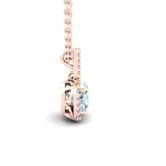 Aquamarine Necklace: Aquamarine Jewelry: 1 Carat Cushion Cut Aquamarine and Halo Diamond Necklace In 14 Karat Rose Gold, 18 Inches