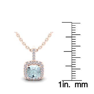 Aquamarine Necklace: Aquamarine Jewelry: 1 Carat Cushion Cut Aquamarine and Halo Diamond Necklace In 14 Karat Rose Gold, 18 Inches