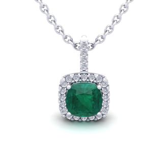 1-1/4 Carat Cushion Shape Emerald Necklaces With Diamond Halo In 14 Karat White Gold, 18 Inch Chain