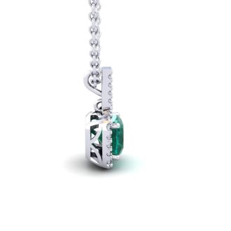 1-1/4 Carat Cushion Shape Emerald Necklaces With Diamond Halo In 14 Karat White Gold, 18 Inch Chain