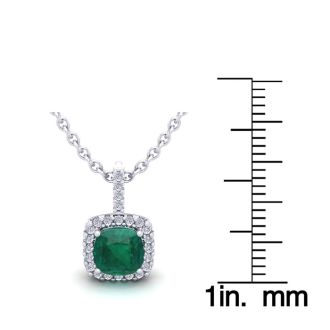 1-1/4 Carat Cushion Shape Emerald Necklaces With Diamond Halo In 14 Karat White Gold, 18 Inch Chain