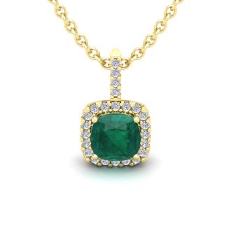 1-1/4 Carat Cushion Shape Emerald Necklaces With Diamond Halo In 14 Karat Yellow Gold, 18 Inch Chain