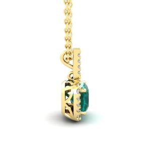 1-1/4 Carat Cushion Shape Emerald Necklaces With Diamond Halo In 14 Karat Yellow Gold, 18 Inch Chain