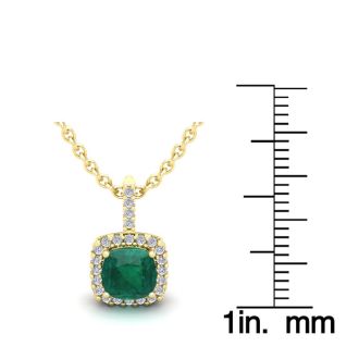 1-1/4 Carat Cushion Shape Emerald Necklaces With Diamond Halo In 14 Karat Yellow Gold, 18 Inch Chain