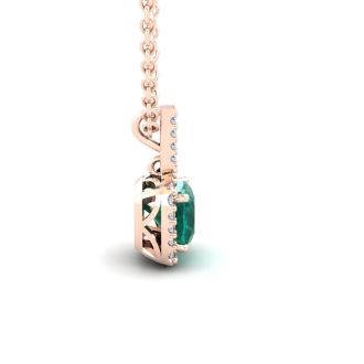 1-1/4 Carat Cushion Shape Emerald Necklaces With Diamond Halo In 14 Karat Rose Gold, 18 Inch Chain