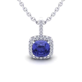 1 Carat Cushion Cut Tanzanite and Halo Diamond Necklace In 14 Karat White Gold, 18 Inches