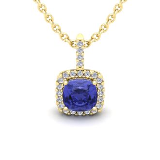 1 Carat Cushion Cut Tanzanite and Halo Diamond Necklace In 14 Karat Yellow Gold, 18 Inches