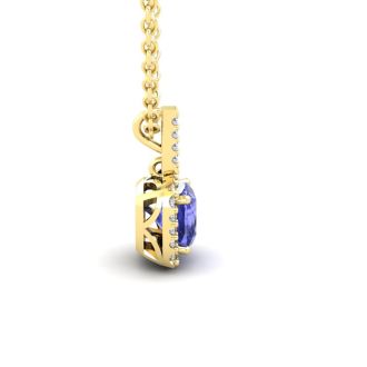 1 Carat Cushion Cut Tanzanite and Halo Diamond Necklace In 14 Karat Yellow Gold, 18 Inches