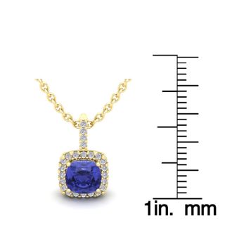 1 Carat Cushion Cut Tanzanite and Halo Diamond Necklace In 14 Karat Yellow Gold, 18 Inches