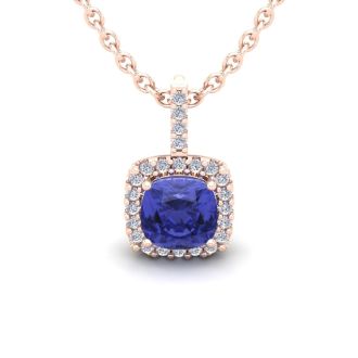 1 Carat Cushion Cut Tanzanite and Halo Diamond Necklace In 14 Karat Rose Gold, 18 Inches