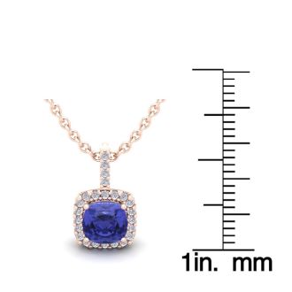 1 Carat Cushion Cut Tanzanite and Halo Diamond Necklace In 14 Karat Rose Gold, 18 Inches