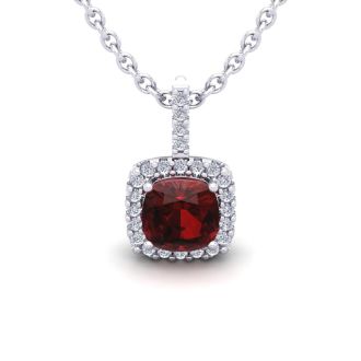 Garnet Necklace: Garnet Jewelry: 1 1/4 Carat Cushion Cut Garnet and Halo Diamond Necklace In 14 Karat White Gold, 18 Inches