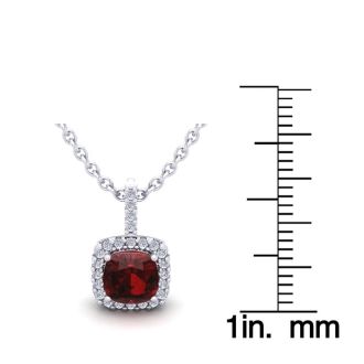 Garnet Necklace: Garnet Jewelry: 1 1/4 Carat Cushion Cut Garnet and Halo Diamond Necklace In 14 Karat White Gold, 18 Inches