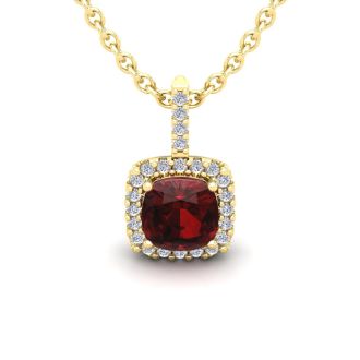 Garnet Necklace: Garnet Jewelry: 1 1/4 Carat Cushion Cut Garnet and Halo Diamond Necklace In 14 Karat Yellow Gold, 18 Inches