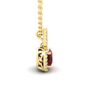 Garnet Necklace: Garnet Jewelry: 1 1/4 Carat Cushion Cut Garnet and Halo Diamond Necklace In 14 Karat Yellow Gold, 18 Inches