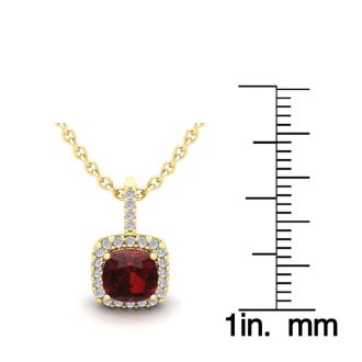 Garnet Necklace: Garnet Jewelry: 1 1/4 Carat Cushion Cut Garnet and Halo Diamond Necklace In 14 Karat Yellow Gold, 18 Inches