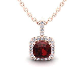 Garnet Necklace: Garnet Jewelry: 1 1/4 Carat Cushion Cut Garnet and Halo Diamond Necklace In 14 Karat Rose Gold, 18 Inches