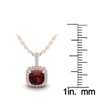 Garnet Necklace: Garnet Jewelry: 1 1/4 Carat Cushion Cut Garnet and Halo Diamond Necklace In 14 Karat Rose Gold, 18 Inches