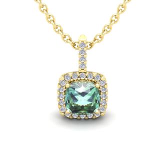 1 Carat Cushion Cut Green Amethyst and Halo Diamond Necklace In 14 Karat Yellow Gold, 18 Inches
