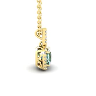 1 Carat Cushion Cut Green Amethyst and Halo Diamond Necklace In 14 Karat Yellow Gold, 18 Inches