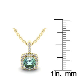 1 Carat Cushion Cut Green Amethyst and Halo Diamond Necklace In 14 Karat Yellow Gold, 18 Inches