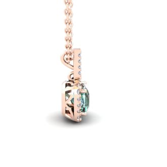 1 Carat Cushion Cut Green Amethyst and Halo Diamond Necklace In 14 Karat Rose Gold, 18 Inches
