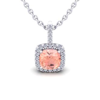 1 Carat Cushion Shape Morganite Necklace with Diamond Halo In 14 Karat White Gold With 18 Inch Chain