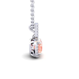 1 Carat Cushion Shape Morganite Necklace with Diamond Halo In 14 Karat White Gold With 18 Inch Chain