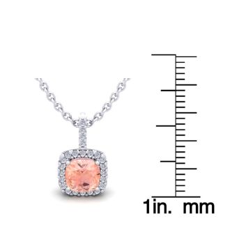 1 Carat Cushion Shape Morganite Necklace with Diamond Halo In 14 Karat White Gold With 18 Inch Chain
