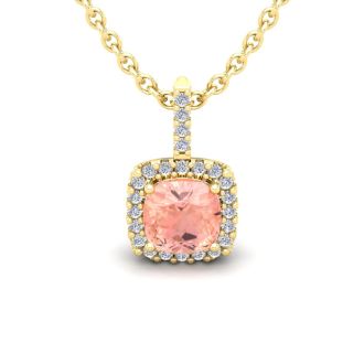 1 Carat Cushion Shape Morganite Necklace with Diamond Halo In 14 Karat Yellow Gold With 18 Inch Chain