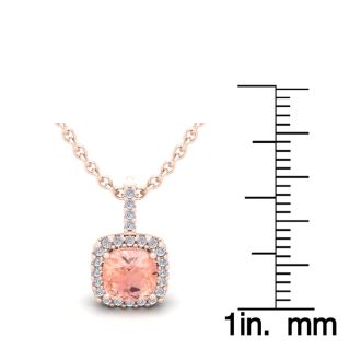 1 Carat Cushion Shape Morganite Necklace with Diamond Halo In 14 Karat Rose Gold With 18 Inch Chain