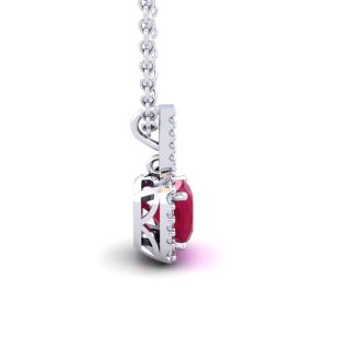 1 1/2 Carat Cushion Cut Ruby and Halo Diamond Necklace In 14 Karat White Gold, 18 Inches