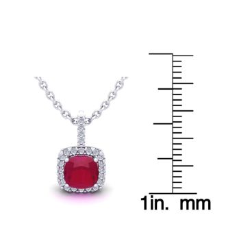 1 1/2 Carat Cushion Cut Ruby and Halo Diamond Necklace In 14 Karat White Gold, 18 Inches