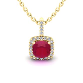 1 1/2 Carat Cushion Cut Ruby and Halo Diamond Necklace In 14 Karat Yellow Gold, 18 Inches