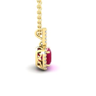 1 1/2 Carat Cushion Cut Ruby and Halo Diamond Necklace In 14 Karat Yellow Gold, 18 Inches