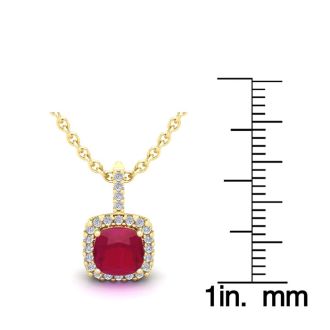 1 1/2 Carat Cushion Cut Ruby and Halo Diamond Necklace In 14 Karat Yellow Gold, 18 Inches